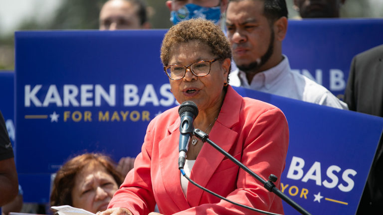 Rep. Karen Bass, a candidate for Los Angeles mayor, will gather with various prominent supporters ``to celebrate the campaigns momentum ahead of Junes primary election